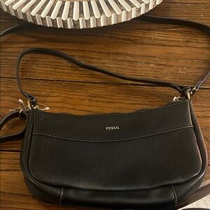 Fossil Black Pebbled Leather Hobo Crossbody with Gold Hardware